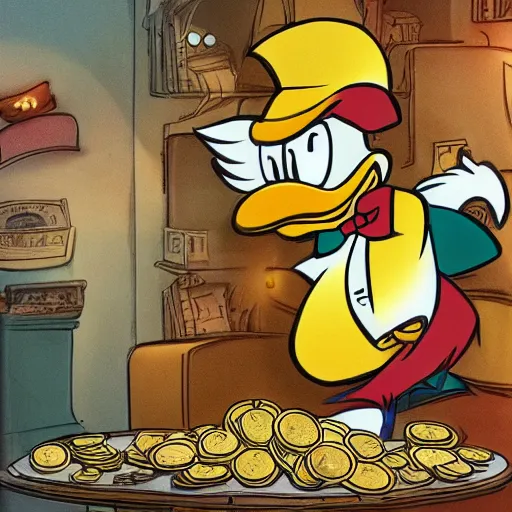 Prompt: scrooge mcduck the money bin filled with piles of gold coins and magic artifacts, artstation