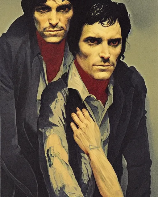 Prompt: two beautiful but sinister men wearing oxford shirts in layers of fear, with haunted eyes and dark hair, 1 9 7 0 s, seventies, wallpaper, a little blood, moonlight showing injuries, delicate embellishments, painterly, offset printing technique, by brom, robert henri, walter popp