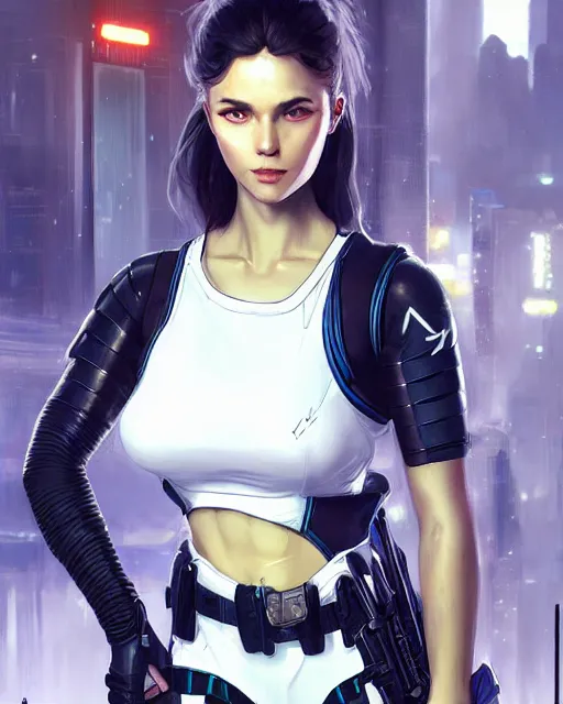 Prompt: nami, young female swat officer, neon, cyberpunk, futuristic, white top, black vest, stunning, highly detailed, digital painting, smooth, soft focus, illustration, 4 k digital art from artstation by artgerm and greg rutkowski and alphonse mucha