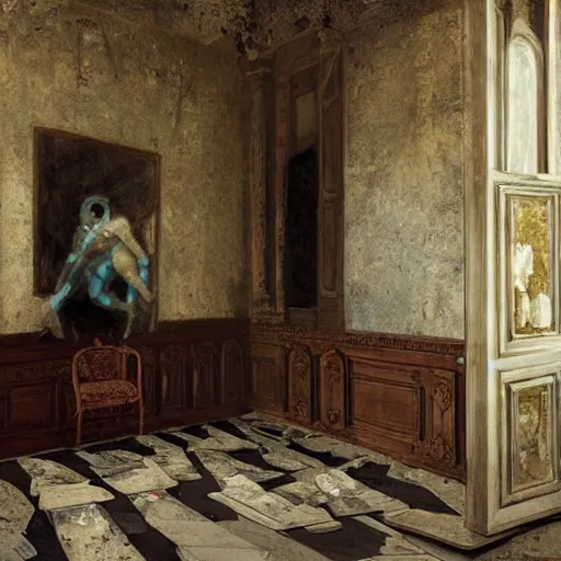 Prompt: Entry hall of an old scary villa, furniture falling apart, oil painting, by Fernanda Suarez and Edgar Maxence and greg rutkowski