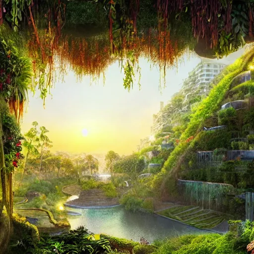 Image similar to hanging gardens, beautiful garden city, lush paradise, matte painting, opulent, golden hour lighting