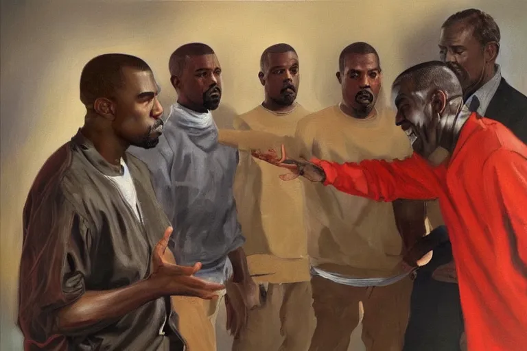 Prompt: Kanye West explaining something to Walt disney, oil painting by wilson mclean, sharp focus, a masterpiece, highly detailed