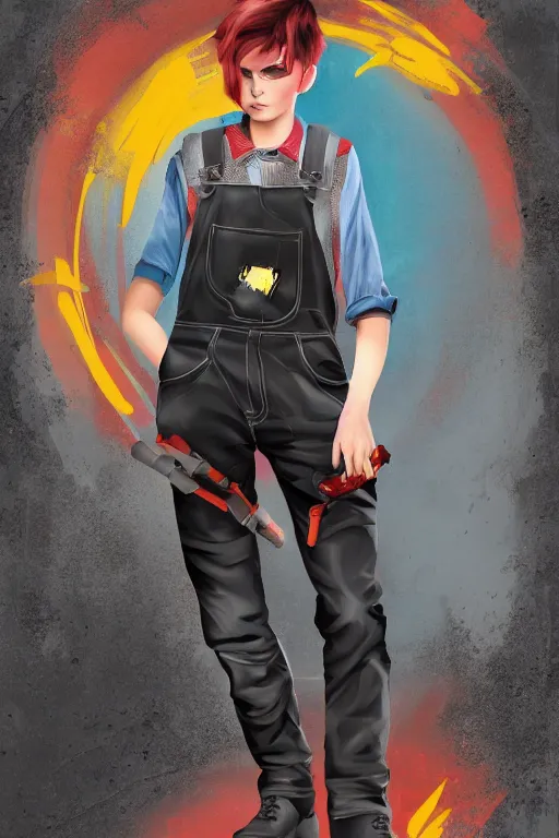 Image similar to an androgynous punk girl with short hair who is a mechanic wearing overalls, digital illustration, digital concept art, digital painting, decorative background, trending on artstation