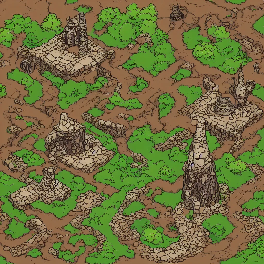 Prompt: ground, tree, rock and wizard tower, on a game tileset, lineart