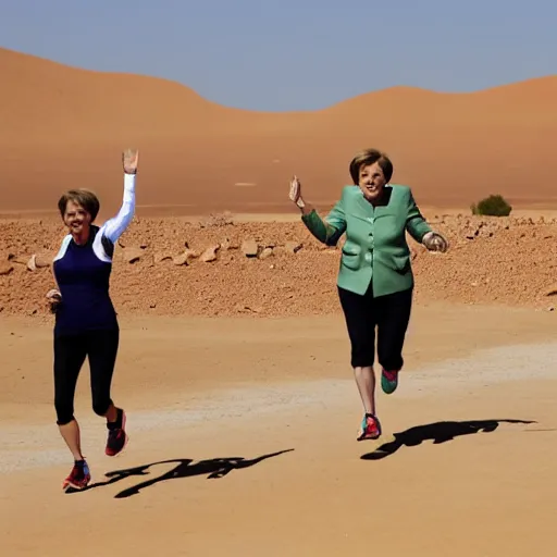 Image similar to angela merkel running marathon in sahara, hands in air, screaming and shouting