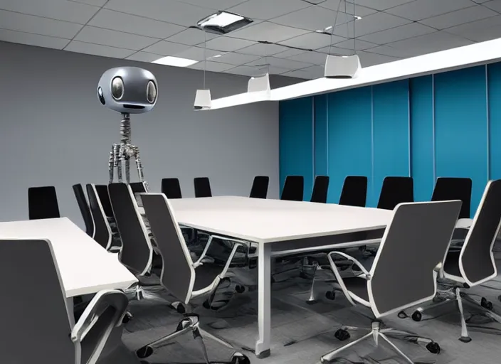 Image similar to A business meeting room. there are ONLY 2 people in the room. the first is a severed human head. flying human head. The head is Hovering with no body. the second person is the room is a Robot. there are no more people in the room.