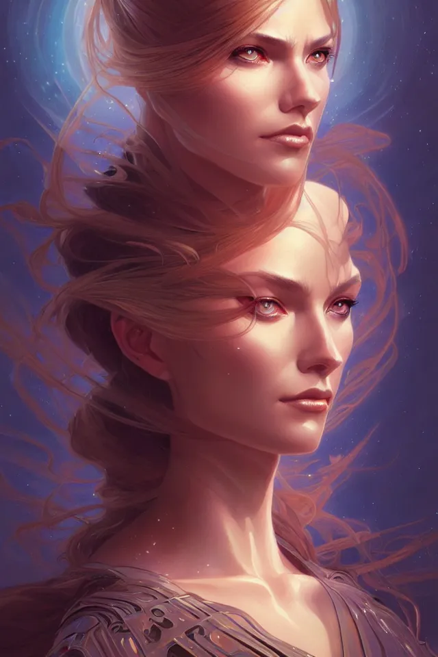 Image similar to futuristic woman portrait, sci-fi, amber eyes, face, long hair, fantasy, intricate, elegant, highly detailed, digital painting, artstation, concept art, smooth, sharp focus, illustration, art by artgerm and greg rutkowski and alphonse mucha