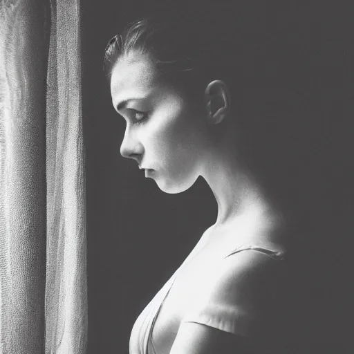 Image similar to black and white fashion photograph highly detailed portrait of a depressed beautiful 30 years old model woman standing by the window, natural light, rain, mist, lomo, fashion photography, film grain, soft vignette, sigma 85mm f/1.4 1/10 sec shutter