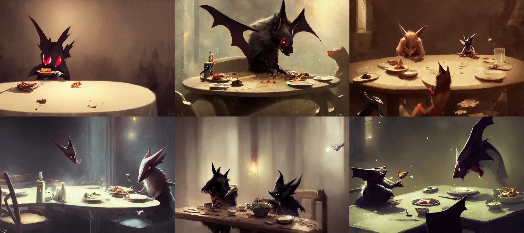 Prompt: noibat eating dinner at a table happiness is temporary by greg rutkowski