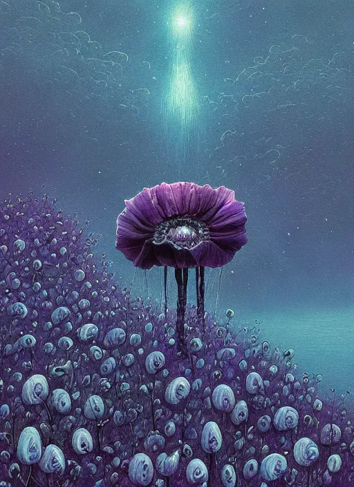 Image similar to detailed, intricate blue black and purple papaverum flower on the field, nebula, galaxy in the sky, winning award masterpiece, fantastically beautiful, illustration, aestheticly inspired by beksinski and dan mumford, upscale with simon stalenhag work, artstation, 8 k