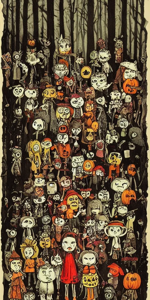 Image similar to a vintage halloween scene by alexander jansson and where's waldo