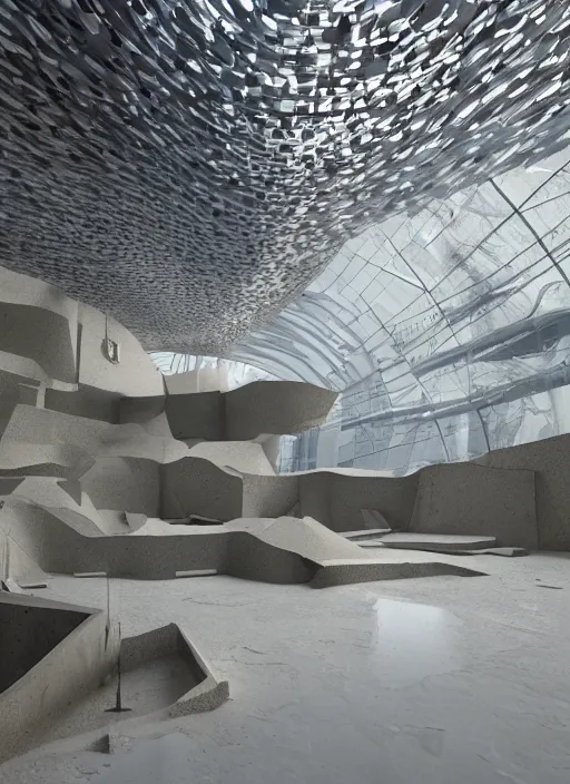Image similar to art exhibition, architecture installation in biennale venezia, bioremediation white mining tailing futuristic horizontal architecture, epic, cinematic, hyperealistic, high detailed, corona render, hdr, ray tracing
