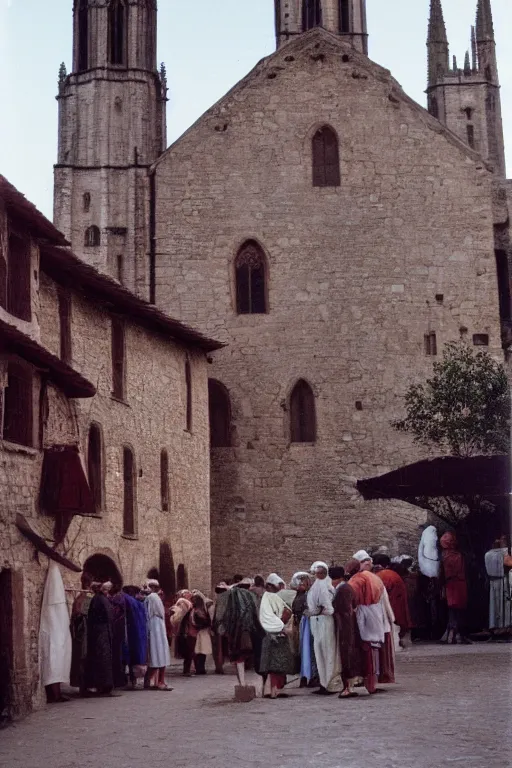 Prompt: a color 3 5 mm photograph of a villagers milling around in a medieval town square with a looming cathedral