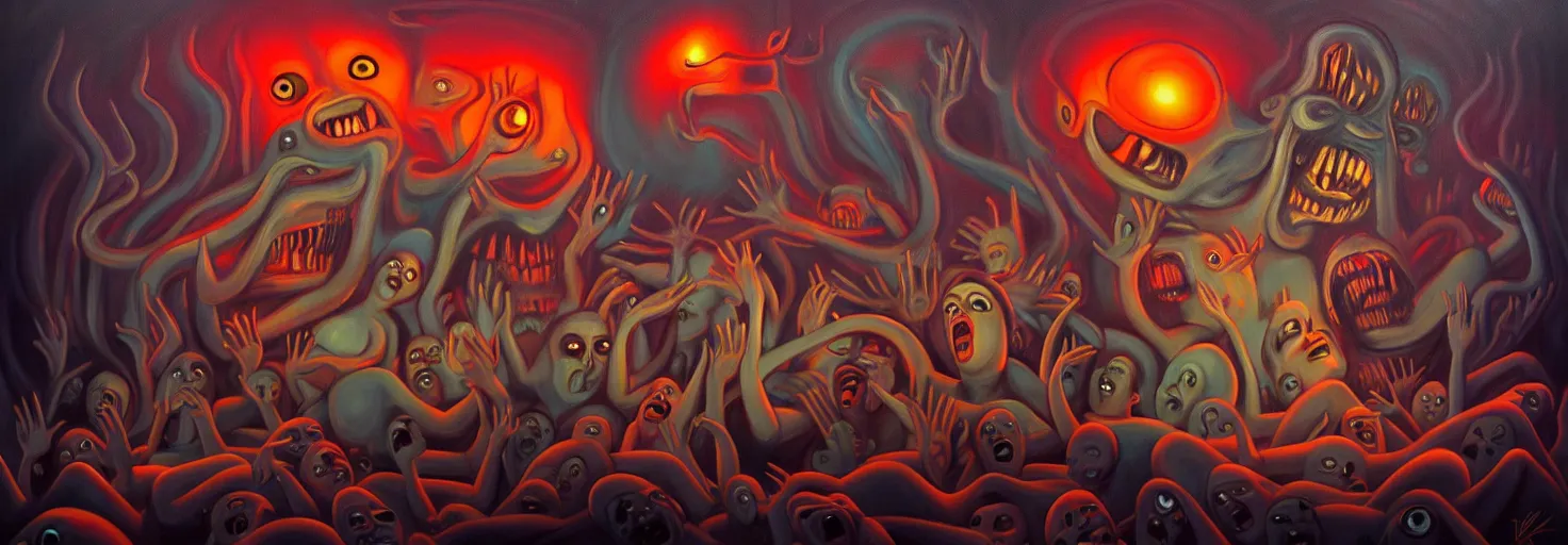 Image similar to visceral freaky obsessive creatures from the darkest depths of collective unconscious, dramatic glowing lighting, 1 9 3 0 s fleischer cartoon characters, wild emotional expressions - surreal painting by ronny khalil