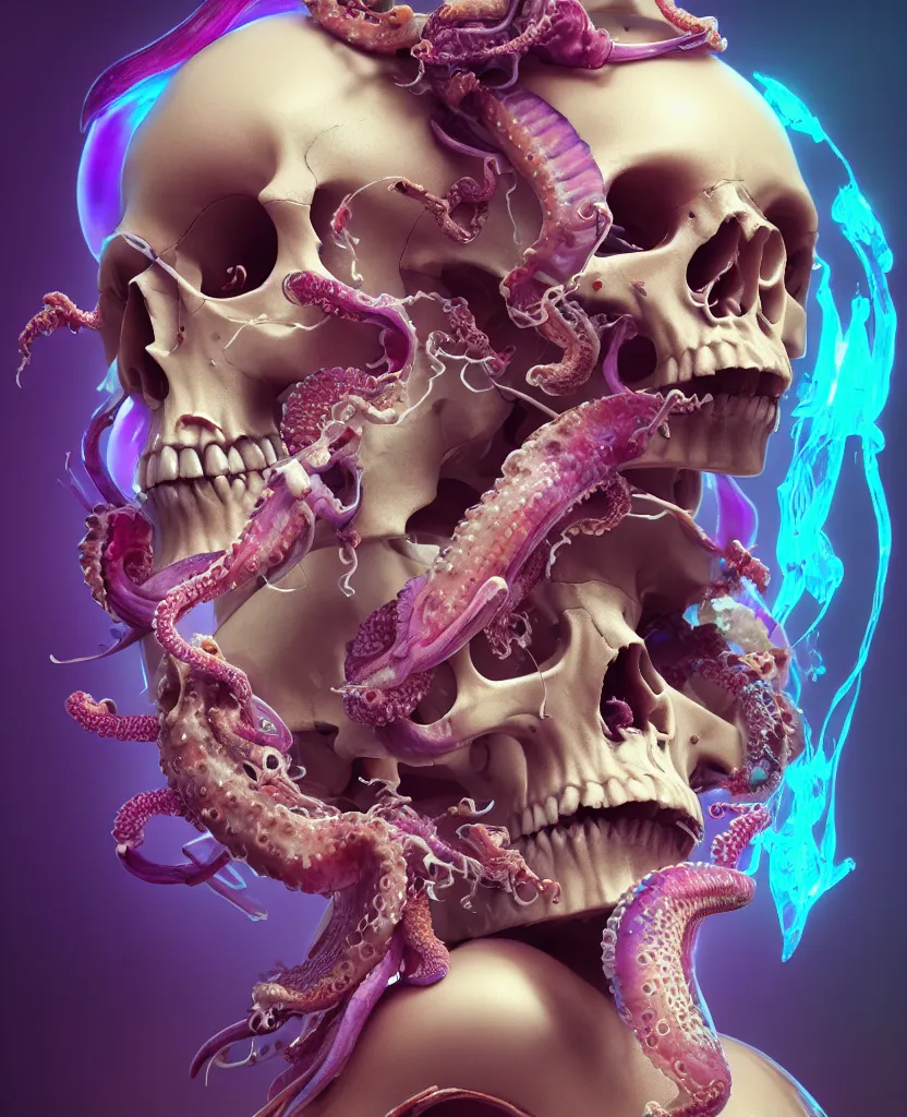 Image similar to goddess close - up portrait human skull, ram skull, squid phoenix jellyfish, orchid, betta fish, bioluminiscent, intricate artwork by tooth wu and wlop and beeple. octane render, trending on artstation, greg rutkowski very coherent symmetrical artwork. cinematic, hyper realism, high detail, octane render, 8 k