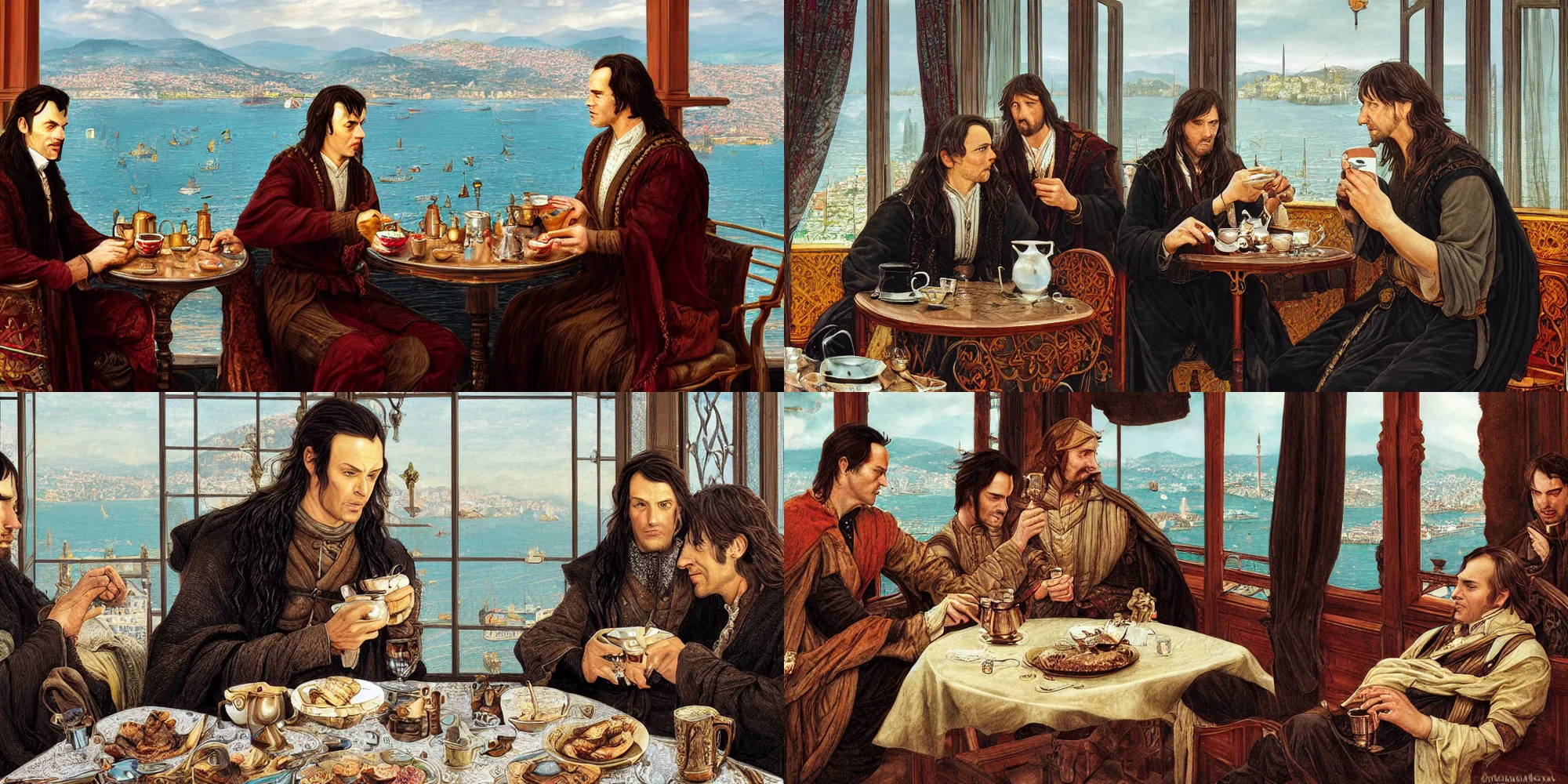 Prompt: close up digital illustration of elrond and aragorn having a cup of turkish coffee in a coffee house overlooking stunning view of the bosphorus strait in istanbul, cinecolor, specular reflections, detailed faces, hypermaximalist, elegant, ornate, fantasy art, by caspar david friedrich, by tolkien, by dan hennah