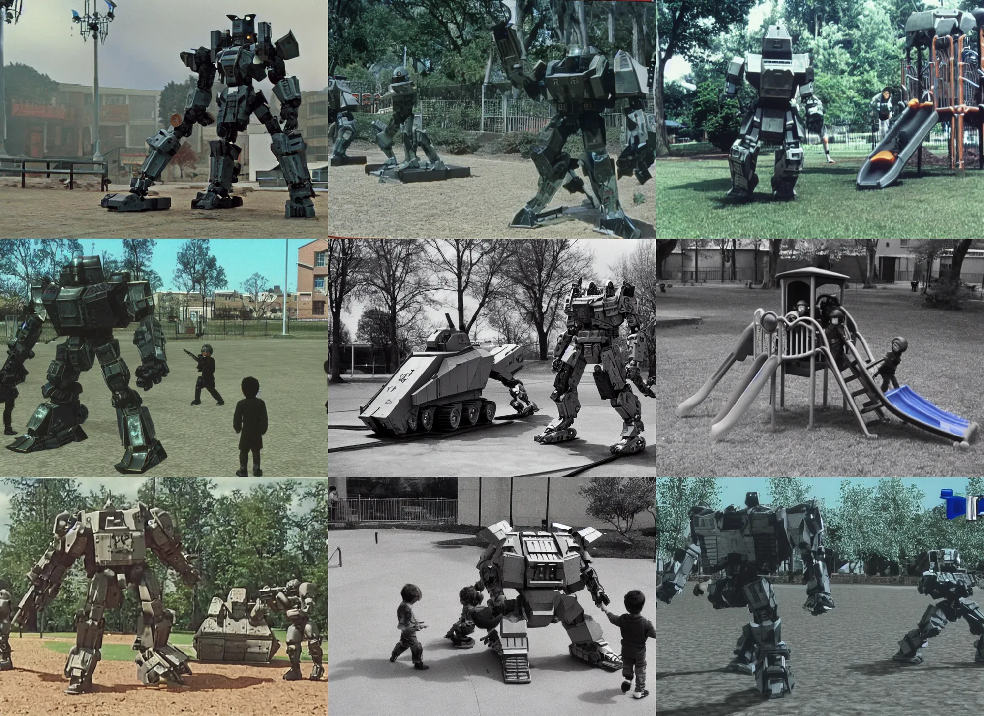 Prompt: home video footage, an armored core playing in the playground, 1 9 9 0