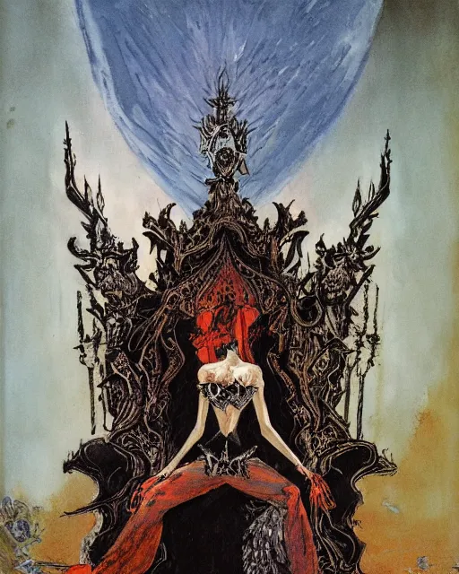 Prompt: an illustration of a dark queen on a throne at night by marc davis and by gustave moreau, realistic, gouache, painting