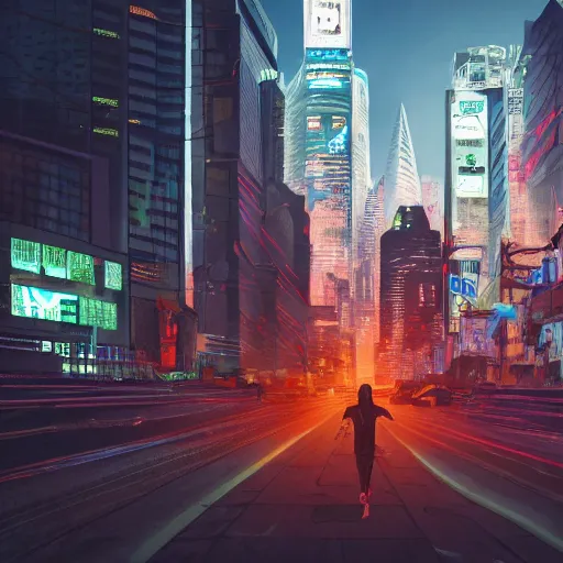 Image similar to people running away scared from cryptocurrency city, bitcoin evil, cyberpunk art ultrarealistic 8k