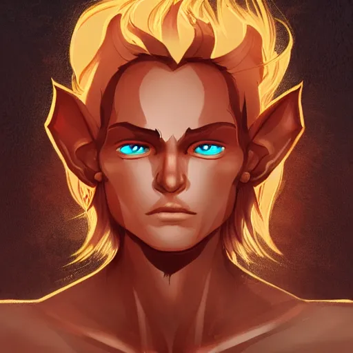 Image similar to dnd character illustration of a tanned half - elf with messy short red hair and golden eyes with slit pupils, androgynous, feral, glowing, golden hour