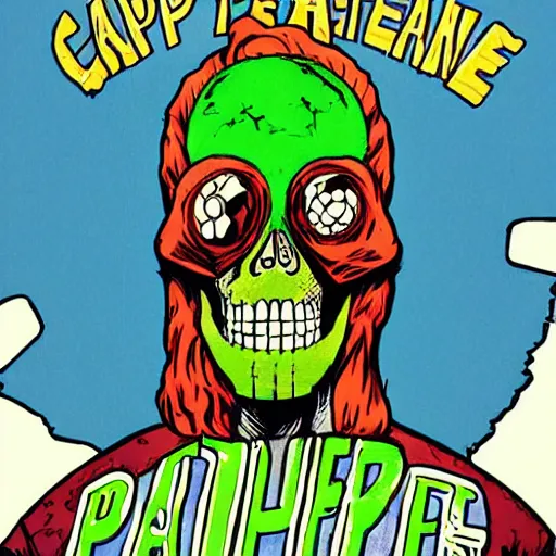 Prompt: Captain Planet, skull head, post-apocalypse, grunge, 80's cartoon