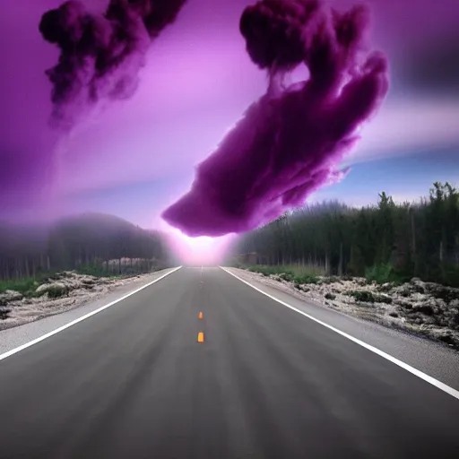 Image similar to purple mushroom cloud, white minivan driving down road, realism, 4k, photograph
