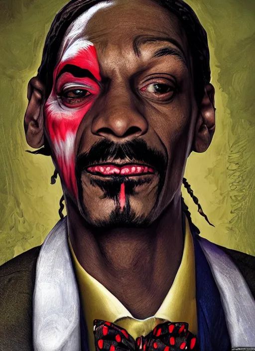 Image similar to portrait of snoop dogg as joker, hyper detailed, digital art, trending in artstation, cinematic lighting, studio quality, smooth render, unreal engine 5 rendered, octane rendered, art style by klimt and nixeu and ian sprigger and wlop and krenz cushart.