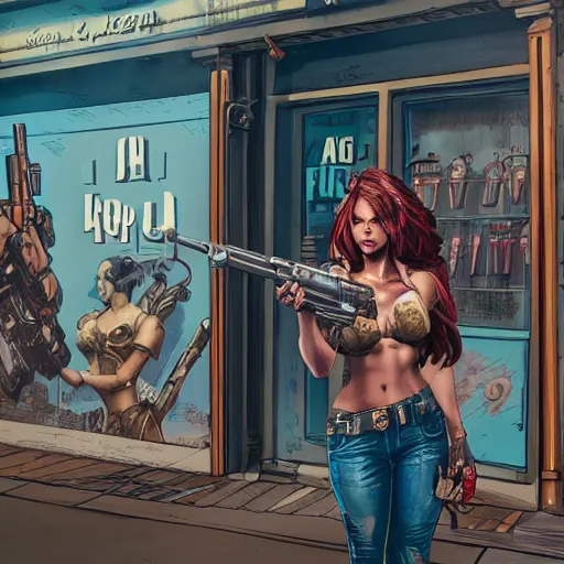 Prompt: a woman with large chest and a big gun, painted in comics style in front of the shop marked with sign Daniel Vavra highly detailed, intricate, concept art, game art, octane render, 8k, unreal engine