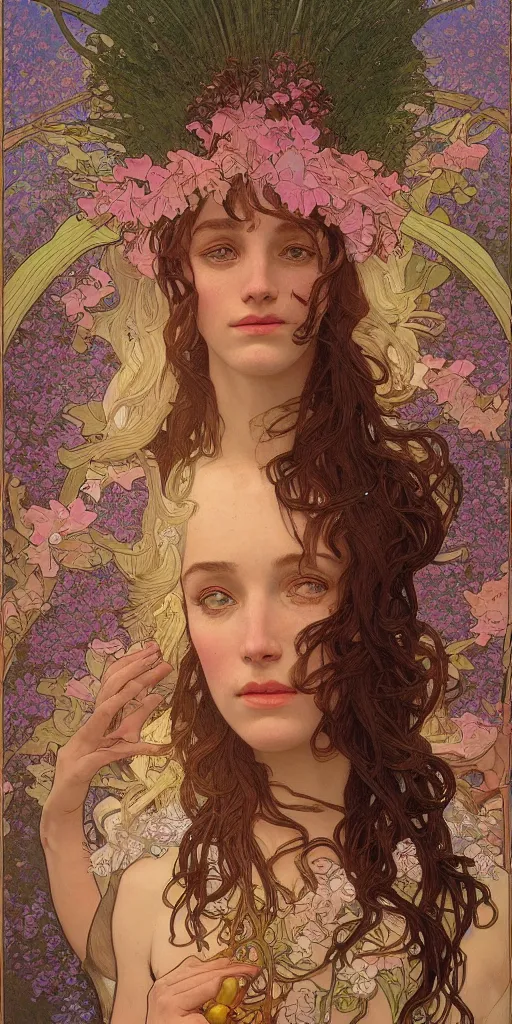 Image similar to a portrait of a beautiful female godess of spring, by Mohrbacher and Moebius and Alphonse Mucha and Roger Deakins, cinematic lighting, masterpiece, highly detailed, 8k resolution, trending on art station