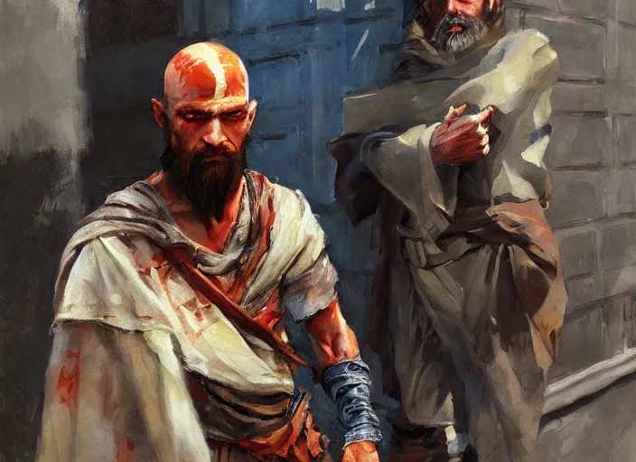 Image similar to a highly detailed beautiful painting of a homeless man as kratos, by gregory manchess, james gurney, james jean