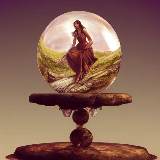 Image similar to crystal ball on a wood stand with a beautiful dreamscape inside, studio product photography, super highly detailed, professional digital painting, artstation, concept art, smooth, sharp focus, extreme illustration, unreal engine 5, photorealism, beautiful, cinematic, art by artgerm and rutkowski and alphonse mucha and loish and wlop