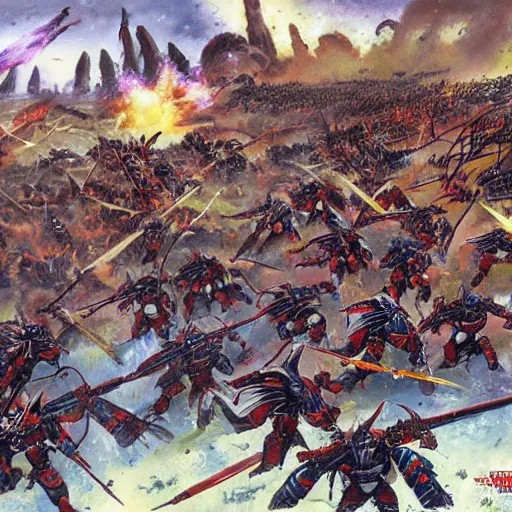 Image similar to Battle of the Imperial Guard on the planet against the Tyranids, Warhammer 40,000, super quality, Artist - Phil Moss