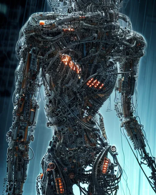 Image similar to portrait photo of a biomechanical torso of a cyborg plugged into a quantum computer with cables and wires and optic fibers. cyberpunk horror style. art by luis royo. highly detailed 8 k. intricate. nikon d 8 5 0 5 5 mm. award winning photography.