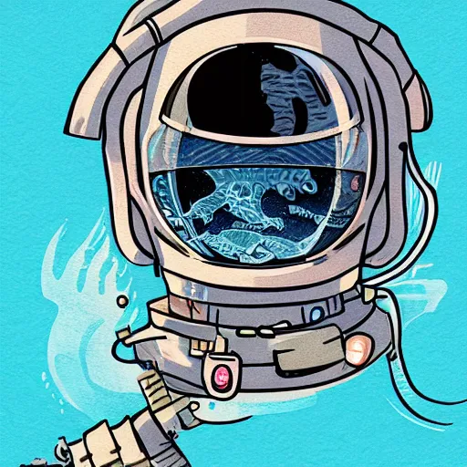 Prompt: matt chinworth illustration of an astronaut underwater