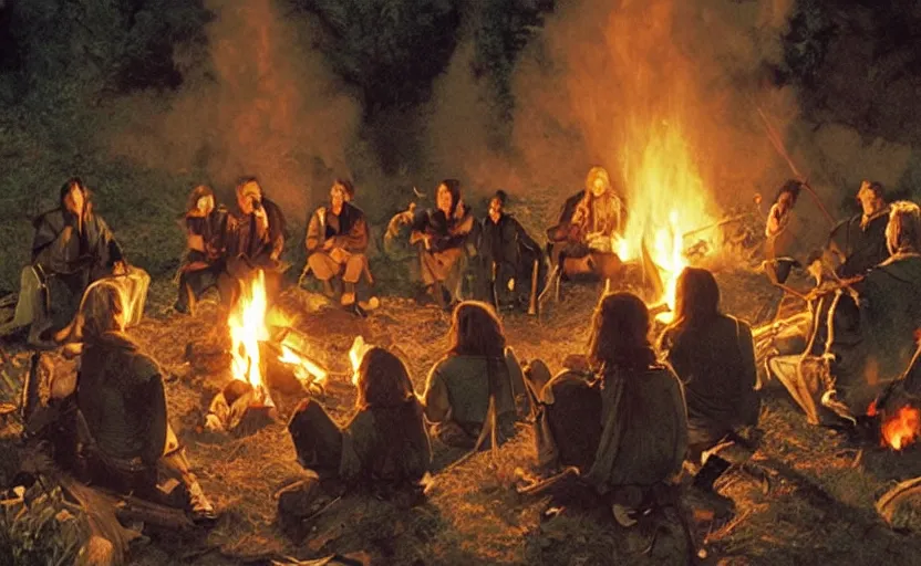 Prompt: illustration of the fellowship of the ring making s'mores around a campfire