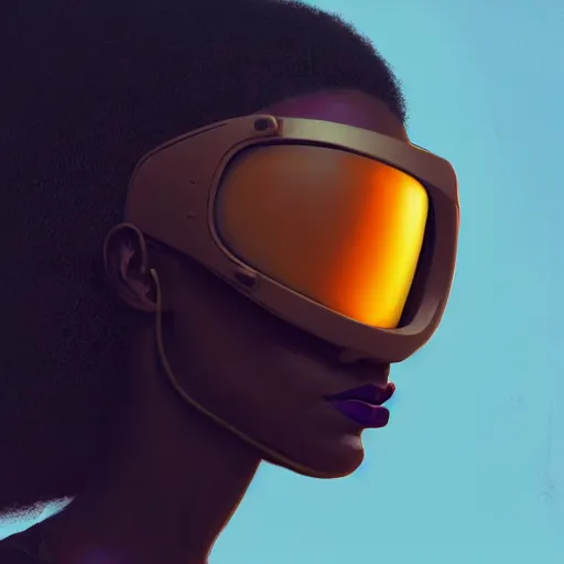 Image similar to Beautiful woman wearing opaque reflective goggles profile picture by Greg Rutkowski, brown skin, long afro hair, asymmetrical, futuristic, cool colors, streetwear, studio ghibli, Organic Painting , Matte Painting, geometric shapes, hard edges, street art, trending on the artstation, fantasy LUT, realistic by Sachin Teng + Martin Grip + Moebius, techwear, Industrial Scifi, detailed illustration, character portrait,