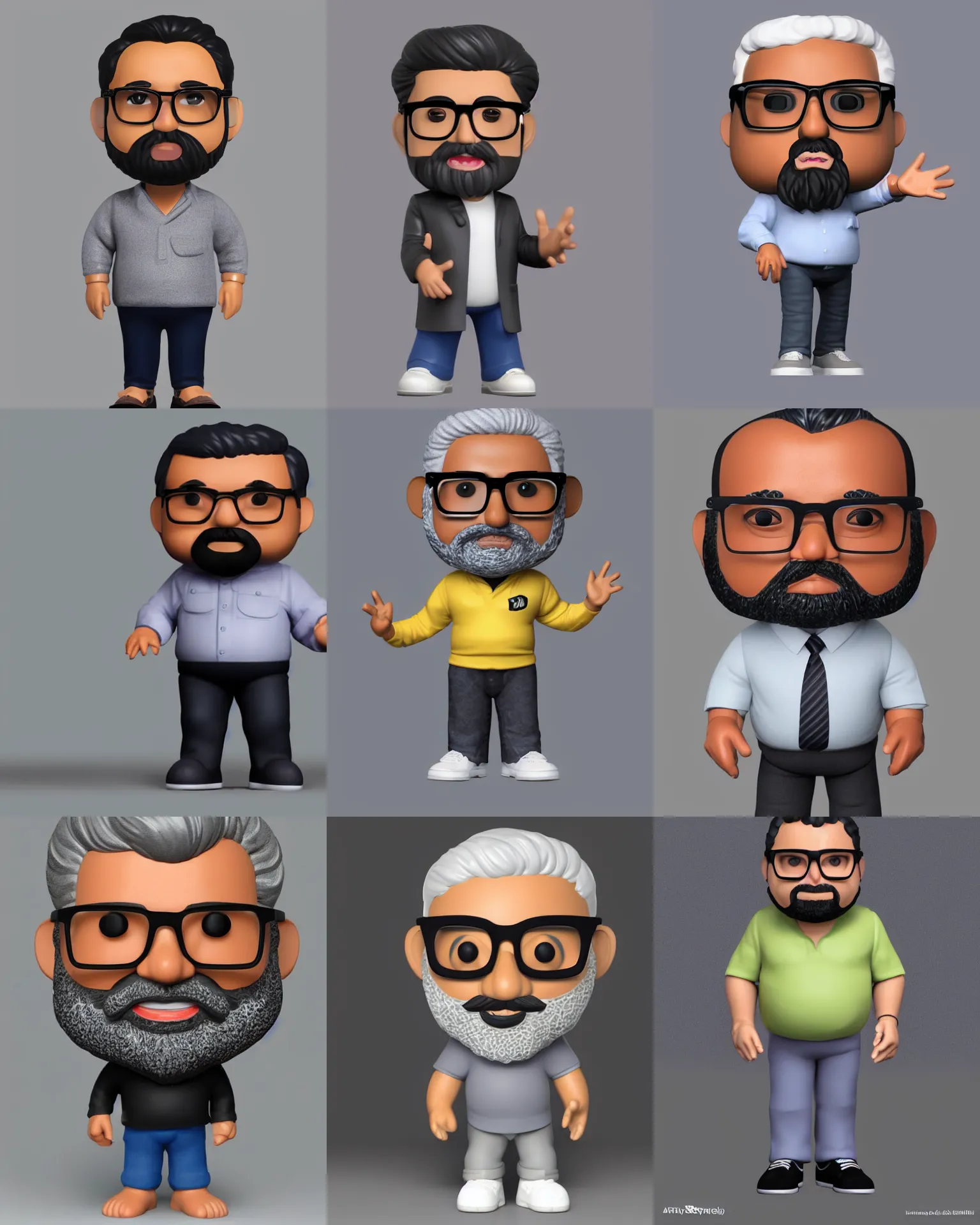 Prompt: full body 3 d render of middle aged indian man, chubby face, small dark grey beard, small glasses, dark hair, as a full body funko pop!, studio lighting, grey background, single body, no shadow, blender, trending on artstation, 8 k, highly detailed