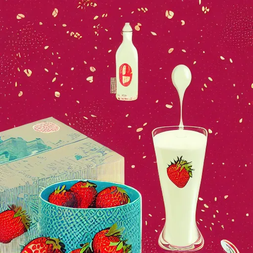 Prompt: a hyperdetailed strawberry and floating milk fluid poster, cow, victo ngai, chinese style, top milk brands, 4 k hd wallpaper illustration, package cover