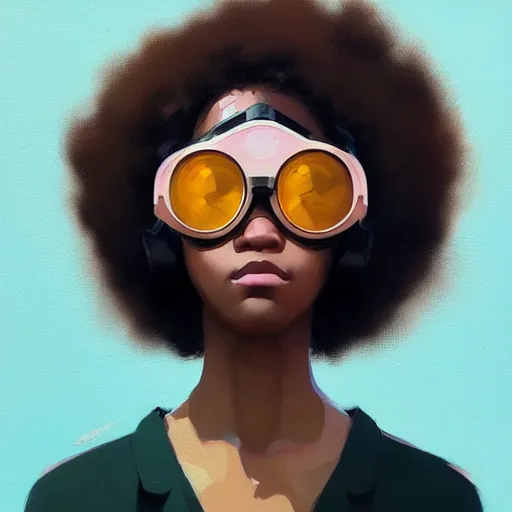 Image similar to Beautiful woman wearing goggles profile picture by Greg Rutkowski, brown skin, afro hair, asymmetrical, studio ghibli, Organic Painting , Matte Painting, geometric shapes, hard edges, street art, trending on the artstation, realistic by Sachin Teng,