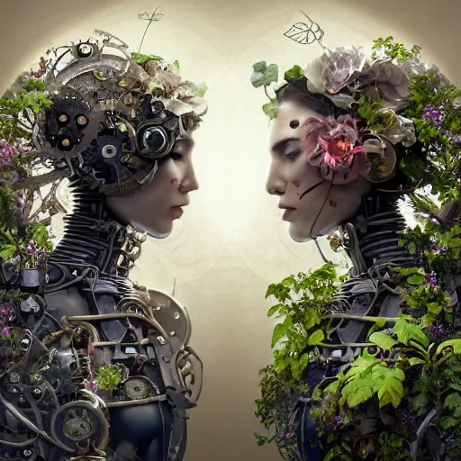 Image similar to a beautiful intricate fine art RPG portrait photo of a mechanical industrial steampunk cybernetic yin yang symbol, overgrown with morning glory flowers, montsera leaves by tom bagshaw and zach sutton, golden ratio composition, studio lighting, 50mm lens, very detailed, bionic, cybernetic scifi, deep depth of field, artstation, 8K, highly coherent