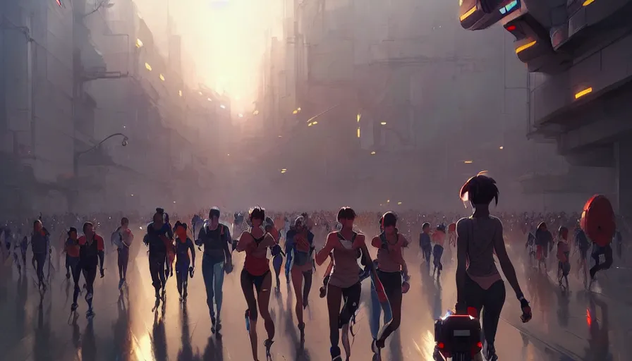 Image similar to marathon with running robots and people, artgerm greg rutkowski makoto shinkai, artstation