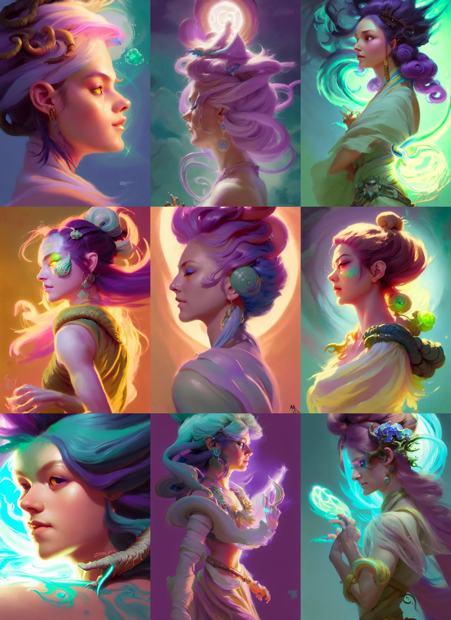 Prompt: side portrait, beautiful female gremlin druid, gloomhaven, luminescent, colorful swirly magic ripples, pastel colors, by greg manchess, huang guangjian, gil elvgren, sachin teng, greg rutkowski, jesper ejsing, ilya kuvshinov