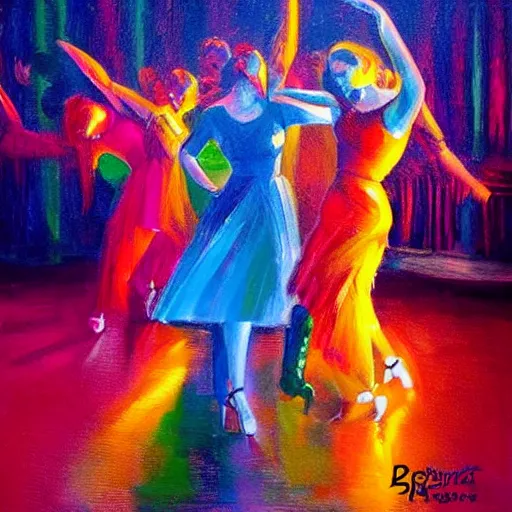 Image similar to dark dancing silhuettes in a dance club, colorful lights, dramatic lighting, a lot of energy, oil painting