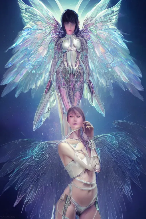 Image similar to portrait futuristic goddess angel Girl with wings and halo and armor and feathers, in future cyberpunk tokyo rooftop , ssci-fi, fantasy, intricate, very very beautiful, elegant, human anatomy, human structure, neon light, highly detailed, digital painting, artstation, concept art, smooth, sharp focus, illustration, art by tian zi and WLOP and alphonse mucha