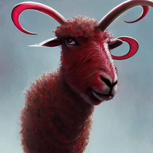 Image similar to A sheep with red whool and pointy Vampire teeth by Stanley Artgerm Lau, WLOP, Rossdraws, James Jean, Andrei Riabovitchev, Marc Simonetti, and Sakimichan, trending on artstation