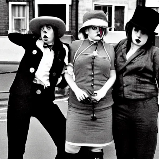 Prompt: hooligan punk woman, female droog, a clockwork orange, woman wearing bowler hat, 1 9 7 1, 1 9 7 1 dystopian england