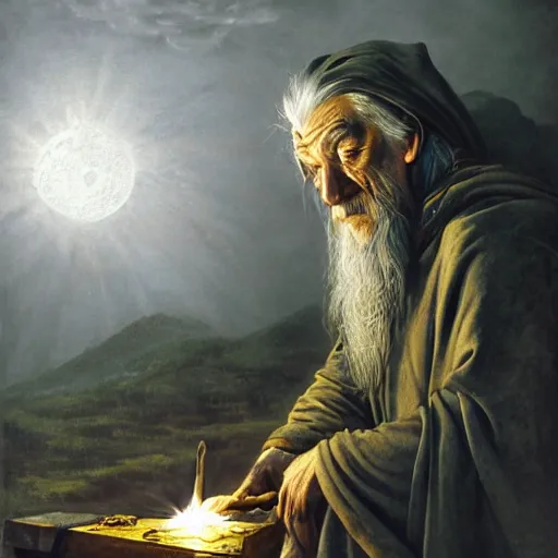 Image similar to the evil ian mckellen smithing on an anvil as gandalf in a dark viking hood playing odin all father crafting the bright sphere of life on an anvil, highly detailed, cinematic shot, cinematic lighting, 8 k, exquisit facial detail, colored painting by gustave dore and artemisia gentileschi, chiaroscuro, dark painting.