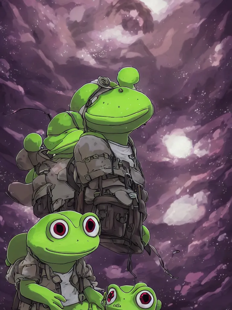 Prompt: resolution 4k worlds of loss and depression made in abyss design Akihito Tsukushi design body pepe the frogs saying goodbye to his family at a translation group of them attacking a monster war , battlefield darkness military drummer boy pepe , desolated city the sky is filled with red halos over each of their heads ivory dream like storybooks, fractals , pepe the frogs at war, art in the style of and Oleg Vdovenko and Akihito Tsukushi ,Stefan Koidl