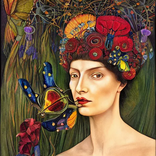 Image similar to the bone crown, by annie swynnerton and leo and diane dillon and ( diego rivera ), elaborate costume, flowers, iridescent beetles, rich color, dramatic cinematic lighting, smooth, sharp focus, extremely detailed