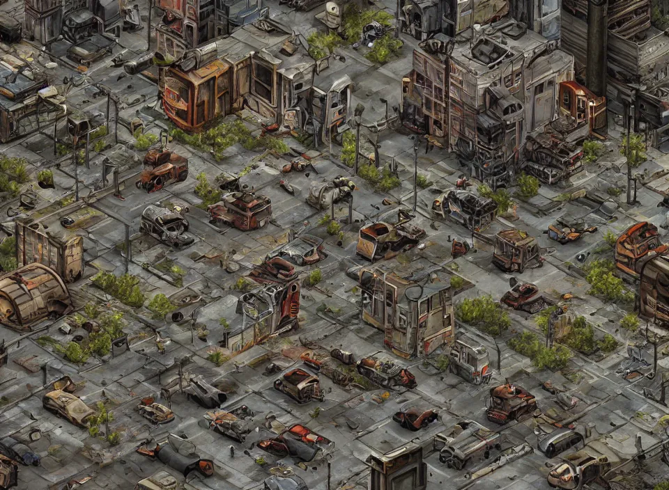 Prompt: Screenshot of a destroyed rusty modern Polish city with a road going across it in Fallout 2 (1998), isometric perspective, postapocalyptic, bird's eye view, prerendered isometric graphics, high quality